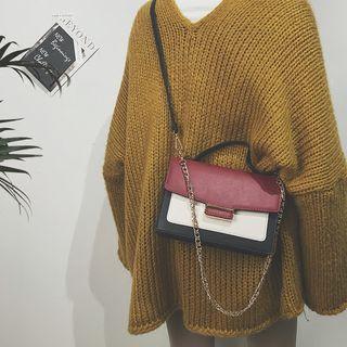 Faux-leather Color-block Flap Satchel