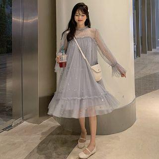 Long-sleeve Frill Trim Mesh A-line Dress