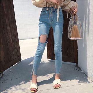 Asymmetric High Waist Ripped Skinny Jeans