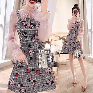 Set: Ruffle Trim Long-sleeve Top + Flower Print Plaid Pinafore Dress
