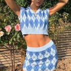 Set: Argyle Sweater Vest + Mini Skirt Blue - One Size