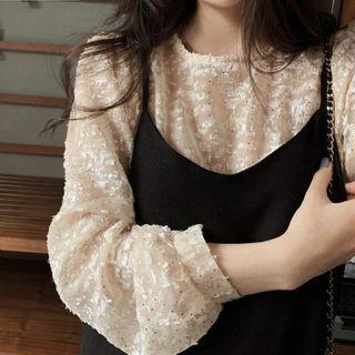 Long-sleeve Sequined Top / Spaghetti Strap Midi A-line Dress / Set