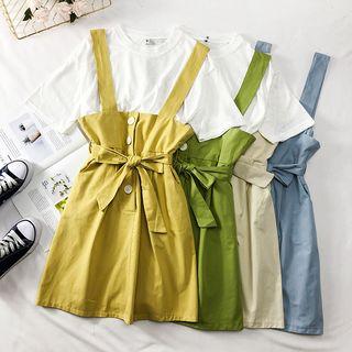 Set: Plain T-shirt + Jumper Dress With Sash