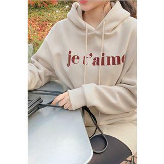 Letter Print Fleece Lined Hoodie Ivory - One Size