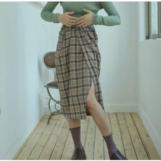 Plaid Midi Shirred Straight-fit Skirt