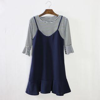 Set: Striped Bell-sleeve Top + Ruffle Hem Strappy Dress