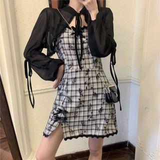 Spaghetti Strap Plaid Mini Dress / Plain Shrug