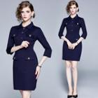 3/4-sleeve Buttoned Collared Mini Sheath Dress