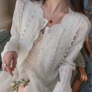 Faux Pearl Pointelle Knit Cardigan White - One Size