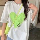 Elbow-sleeve Lettering Heart Embroidered T-shirt