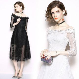 3/4-sleeve Lace Midi Party Dress