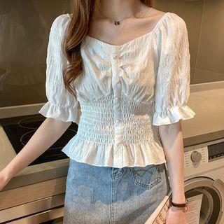 Ruched Ruffled Elbow-sleeve Blouse