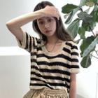 Short-sleeve Striped Cut Out Knit Top Black - One Size