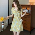 Puff-sleeve Bow Floral A-line Dress