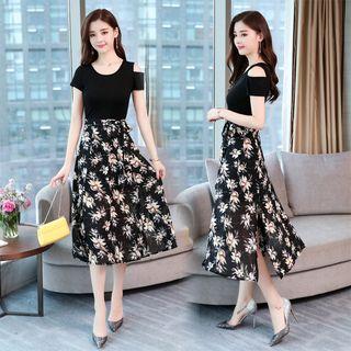 Flower Print Mock Two-piece Midi Dress