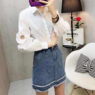 Set: Cut Out Long-sleeve Shirt + A-line Denim Skirt