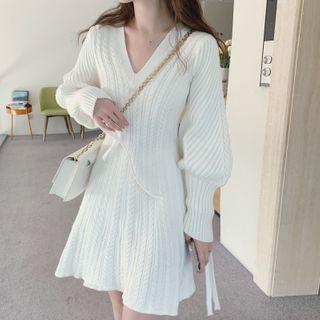 Long-sleeve V-neck Slim-fit Knit Dress White - One Size