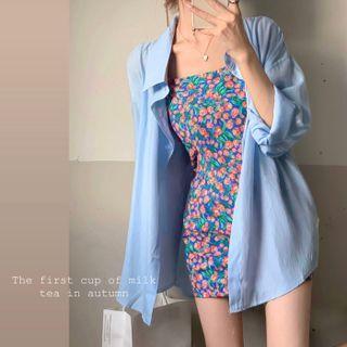 Plain Shirt / Floral Print Spaghetti Strap Mini Dress