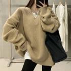 V-neck Ribbed Sweater Sweater - Light Brown - One Size