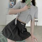Short-sleeve Mock Two-piece Crop Shirt / Pinstriped Mini Pleated Skirt / Set