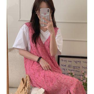 V-neck Floral Midi Overall Dress Pink - One Size