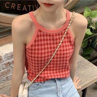 Halter Neck Houndstooth Knit Top Pink - One Size