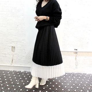 Accordion-pleat Tulle-overlay Maxi Skirt