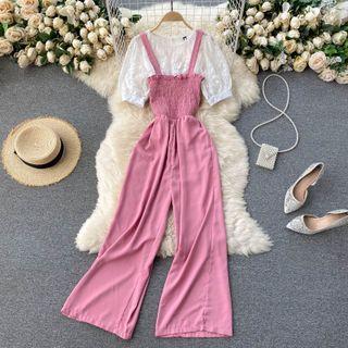 Set; Short-sleeve Blouse + Jumper Pants