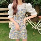 Puff-sleeve Blouse / Spaghetti Strap Floral Print A-line Dress / Shirt