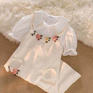 Spaghetti-strap Flower Accent A-line Dress / Puff-sleeve Blouse