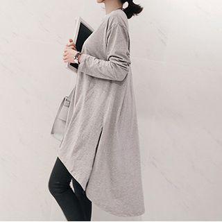 Long-sleeve Plain Loose Fit Side Slit Long T-shirt