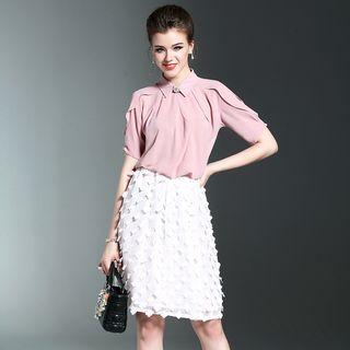 Set: Short Sleeve Blouse + Petal Detail A-line Skirt
