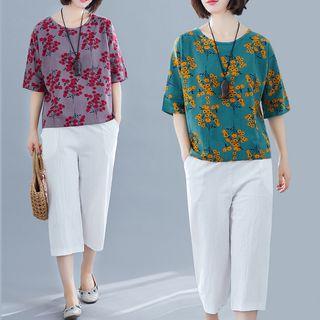 Set: Elbow-sleeve Floral Top + Wide Leg Pants