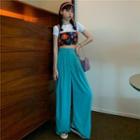 Short-sleeve T-shirt / Spaghetti Strap Floral Crop Top / Wide-leg Pants