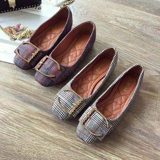Buckled Check Block Heel Pumps