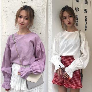 Balloon-sleeve Blouse / Plaid Buttoned A-line Mini Skirt