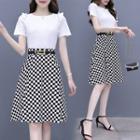 Set: Short-sleeve Faux Pearl T-shirt + Checkerboard A-line Skirt