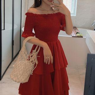 Short-sleeve Frill Trim A-line Midi Tiered Dress