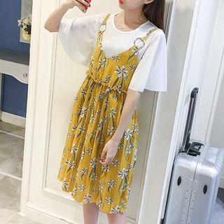 Set: Plain Short Sleeve T-shirt + Floral Print Sleeveless Dress