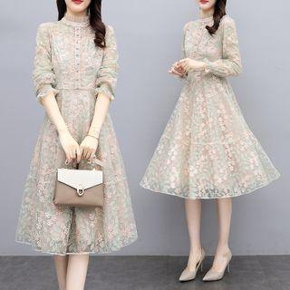 Long-sleeve Embroidered Mesh Midi A-line Dress