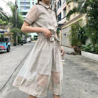 Mesh Panel Plaid Short-sleeve Midi Dress