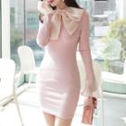 Slit-detail Bell-cuff Bodycon Dress With Scarf