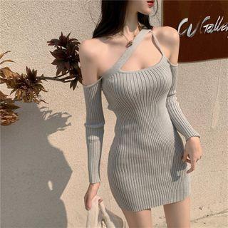 Asymmetrical Cold-shoulder Knit Mini Bodycon Dress
