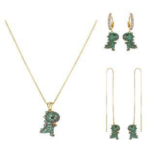 Set: Rhinestone Dinosaur Pendant Necklace + Earring + Threader Earring Set - Green Dinosaur - Gold - One Size