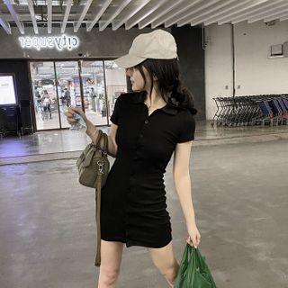 Short-sleeve Collared Button Mini Bodycon Dress