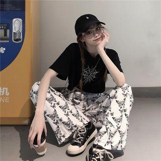 Cropped Spiderweb Print Short-sleeve T-shirt / Butterfly Print Wide-leg Pants