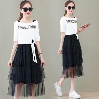 Set: Lettering Elbow-sleeve Top + Sleeveless Midi Dress