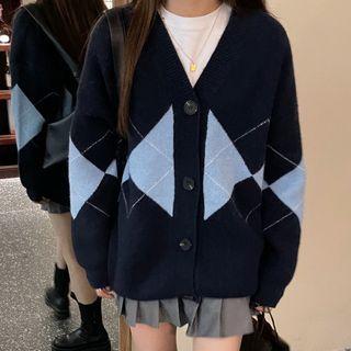 Diamond Long-sleeve Cardigan Blue - One Size