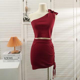 Set: Ribbon-accent One-shoulder Crop Top + Drawstring Mini Skirt