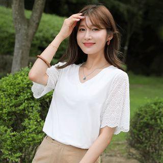 V-neck Lace-sleeve T-shirt
